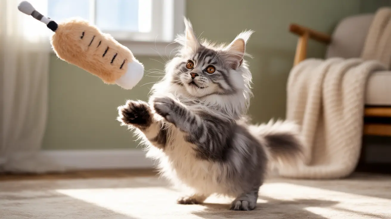 Fluffy gray and white Maine Coon kitten reaching paw towards grooming brush in bright living room