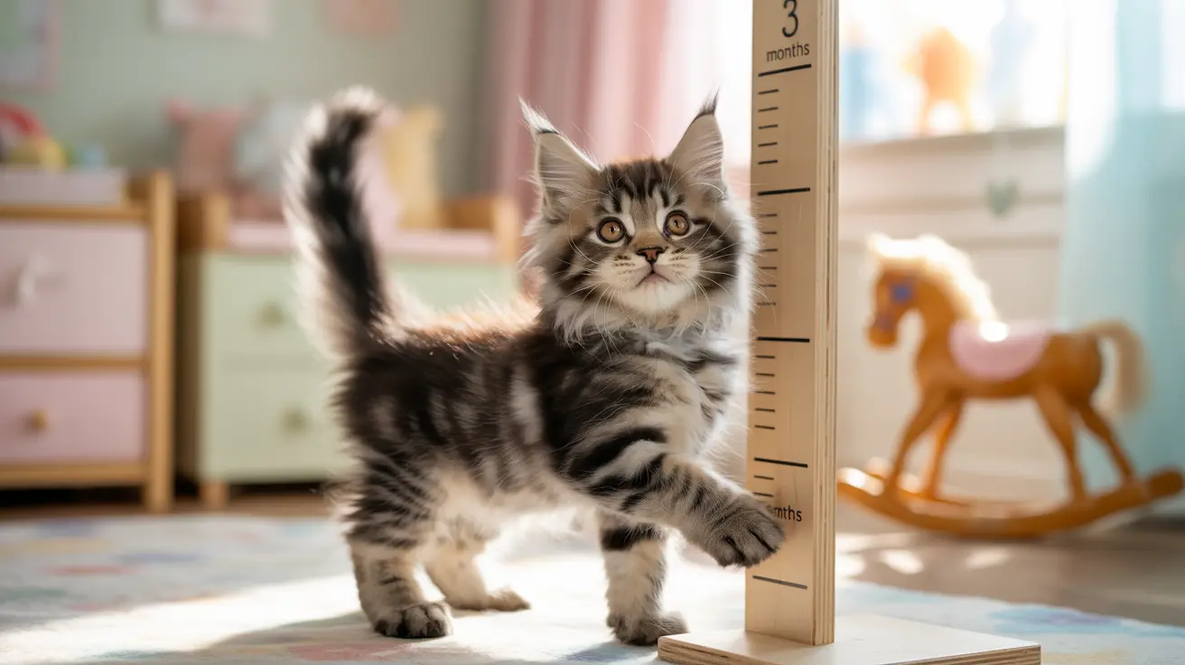 Fluffy Maine Coon kitten standing next to a height measurement chart in a pastel-colored nursery room