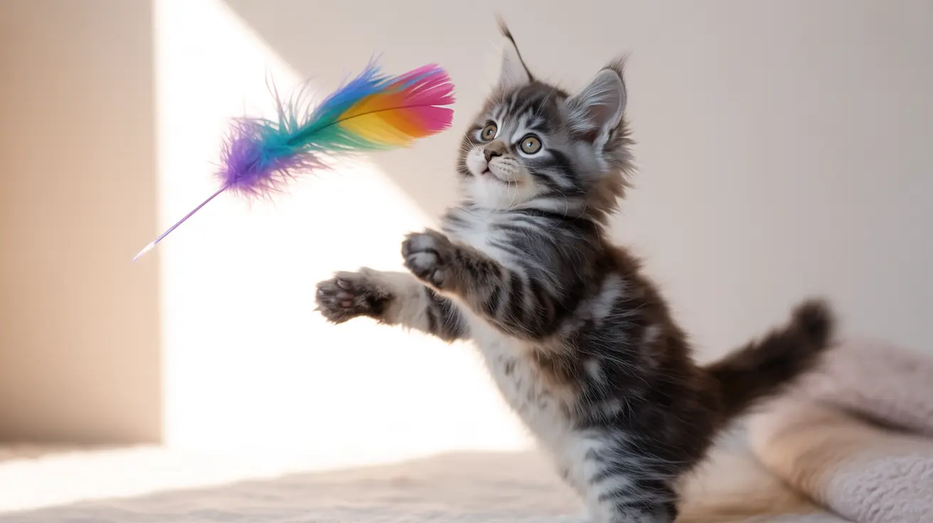 A playful Maine Coon kitten jumping and reaching for a colorful feather toy