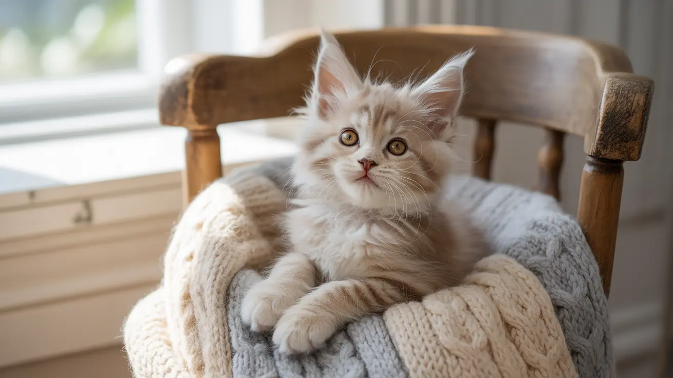 A fluffy white and cream-colored Maine Coon kitten on a knitted blanket in a chair near a window