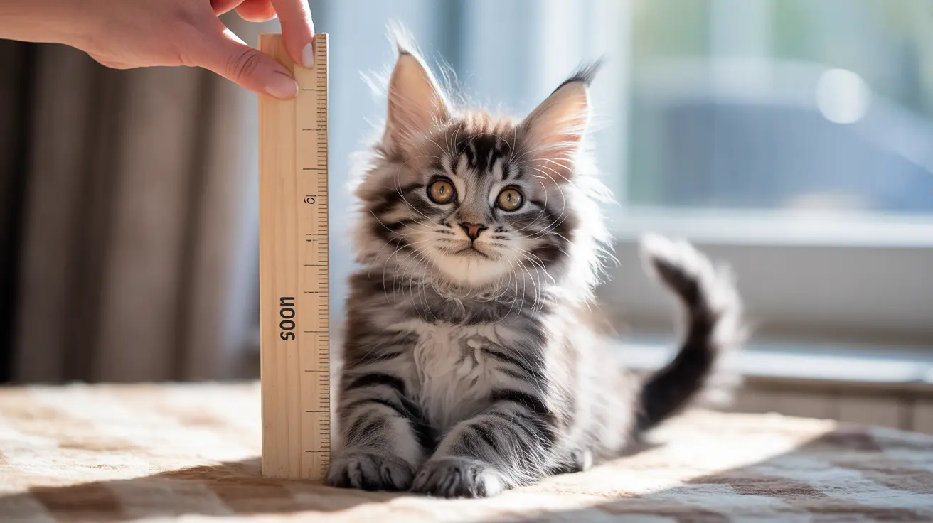A fluffy Maine Coon kitten being measured with a wooden ruler near a bright window