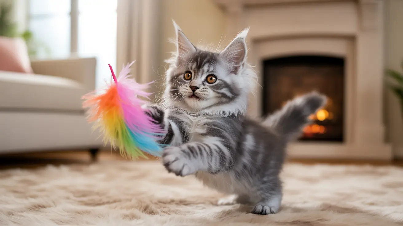 Playful Maine Coon kitten batting at a colorful rainbow feather toy in front of a fireplace