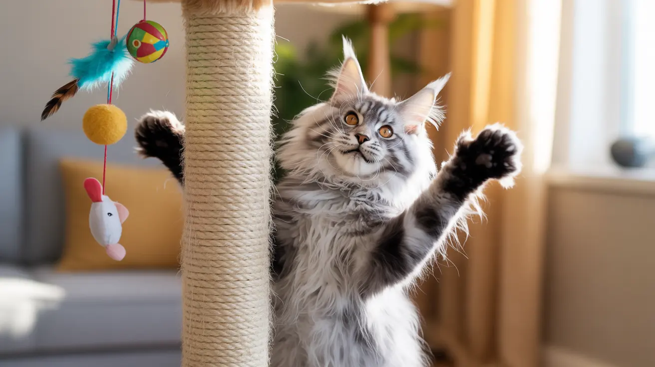 Fluffy Maine Coon kitten playing with colorful hanging toys on a rope-wrapped scratching post in a bright living room