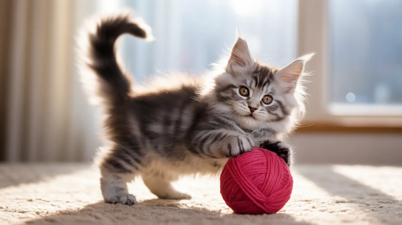 Gatito Maine Coon esponjoso jugando con una bola de hilo roja sobre una alfombra iluminada por el sol cerca de una ventana