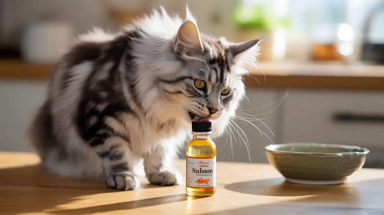 Maine Coon kitten examining a small bottle of salmon oil on a wooden kitchen counter