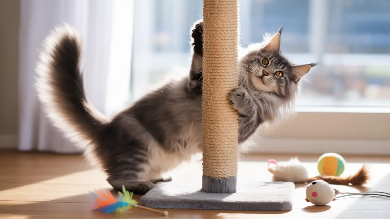 Maine Coon kitten scratching and climbing a rope-wrapped scratching post indoors