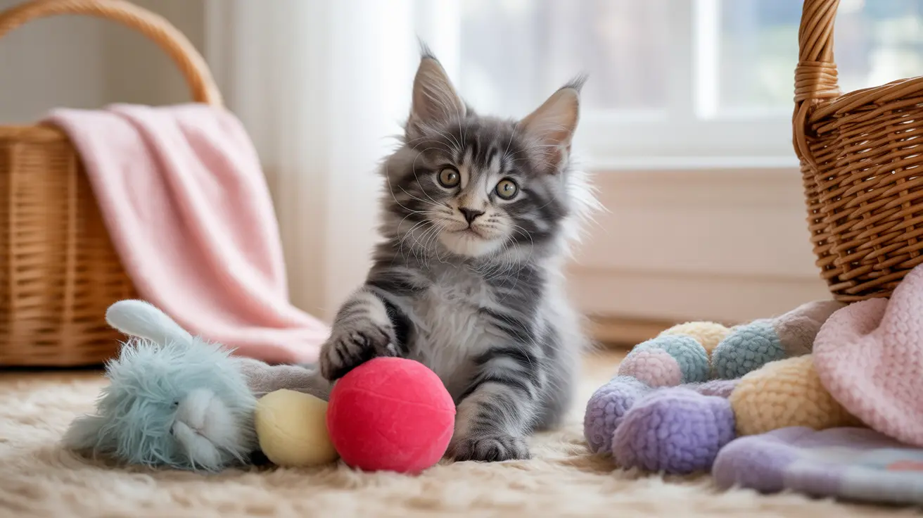 Fluffy gray and white Maine Coon kitten sitting among colorful balls and toys near woven baskets