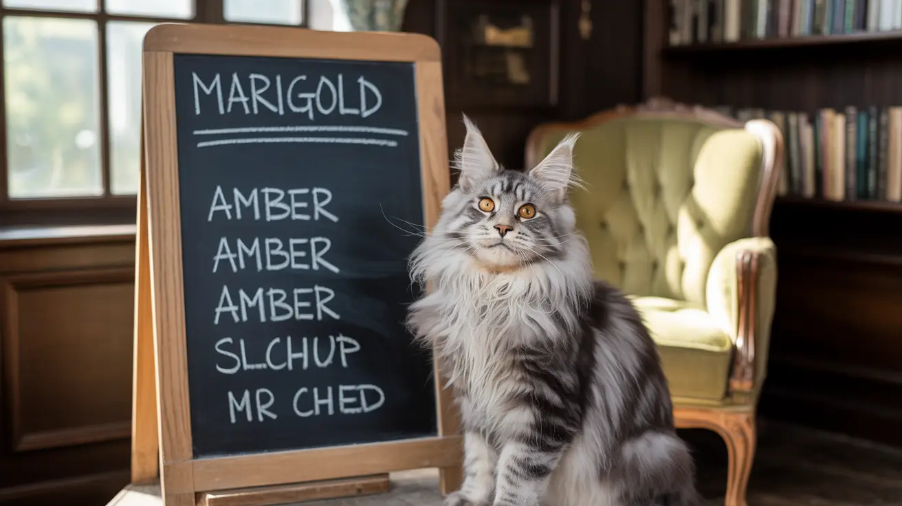 A large, fluffy Maine Coon cat sitting next to a chalkboard with the name 'Marigold'