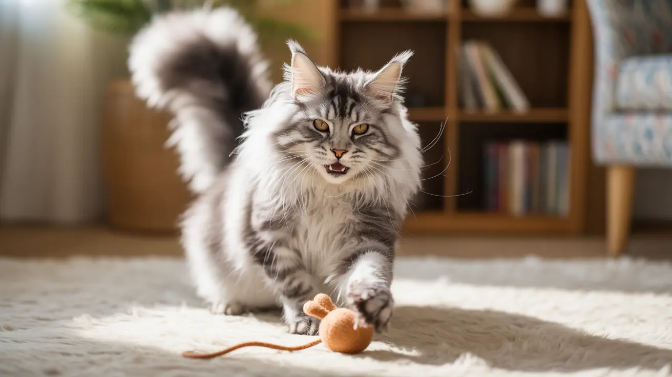 A fluffy Maine Coon cat playfully interacting with an orange ball and string toy on a soft carpet