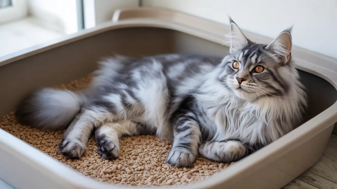Maine Coon cat with silver tabby markings lying comfortably inside a litter box