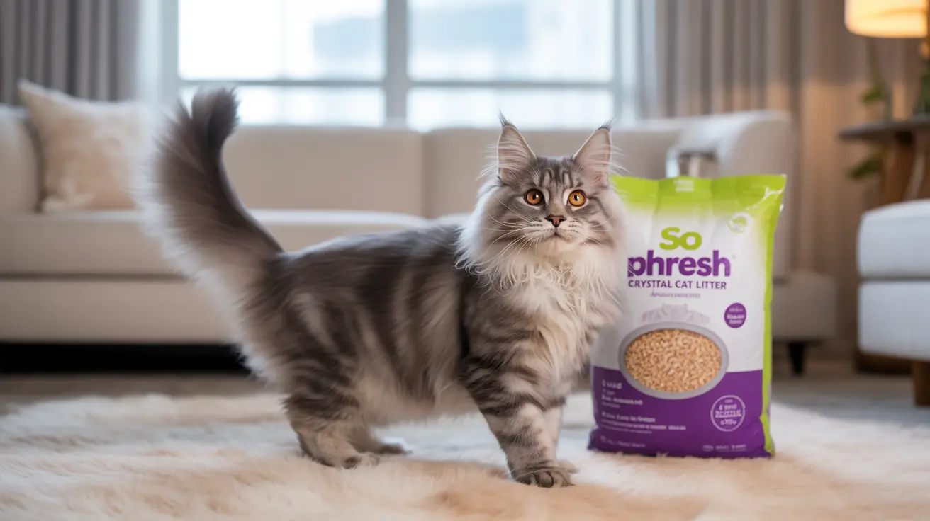 A fluffy gray and white Maine Coon cat standing next to a bag of So Phresh crystal cat litter