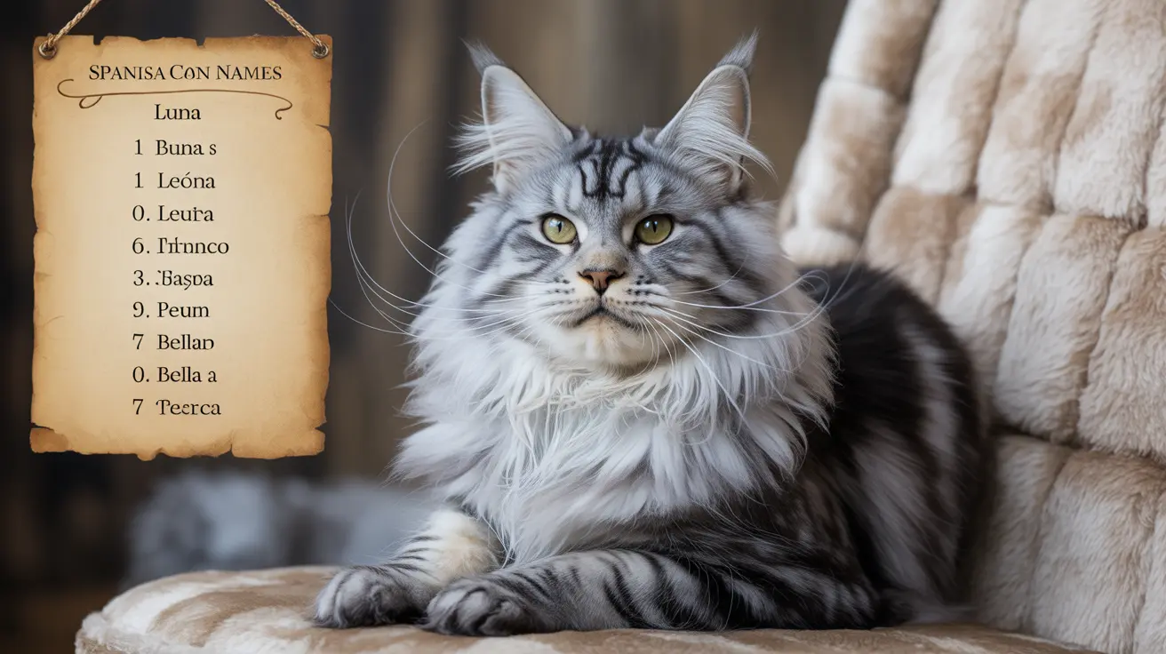 A majestic Maine Coon cat sitting elegantly with a list of Spanish cat names in the background