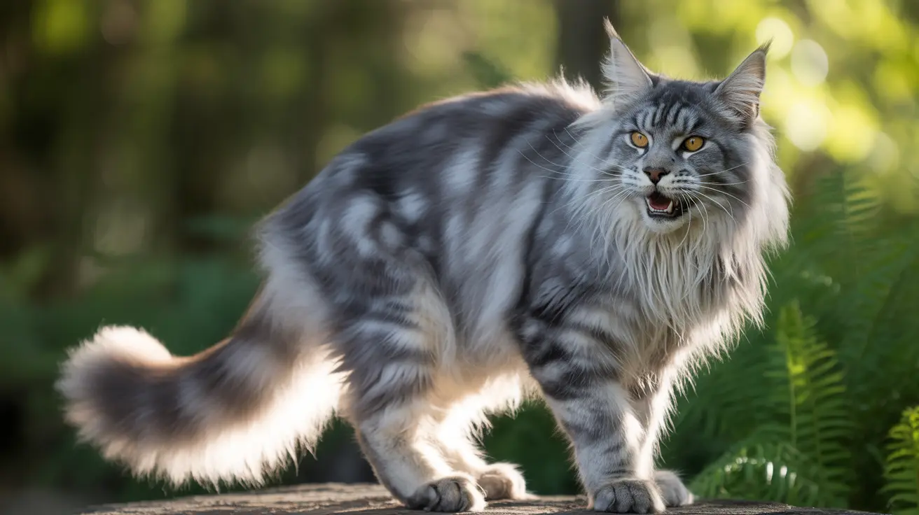 Large Maine Coon cat with tabby markings standing alert on a wooden surface in a garden
