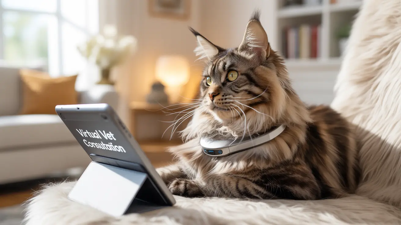 A fluffy Maine Coon cat sitting near a tablet displaying 'Virtual Vet Consultation'