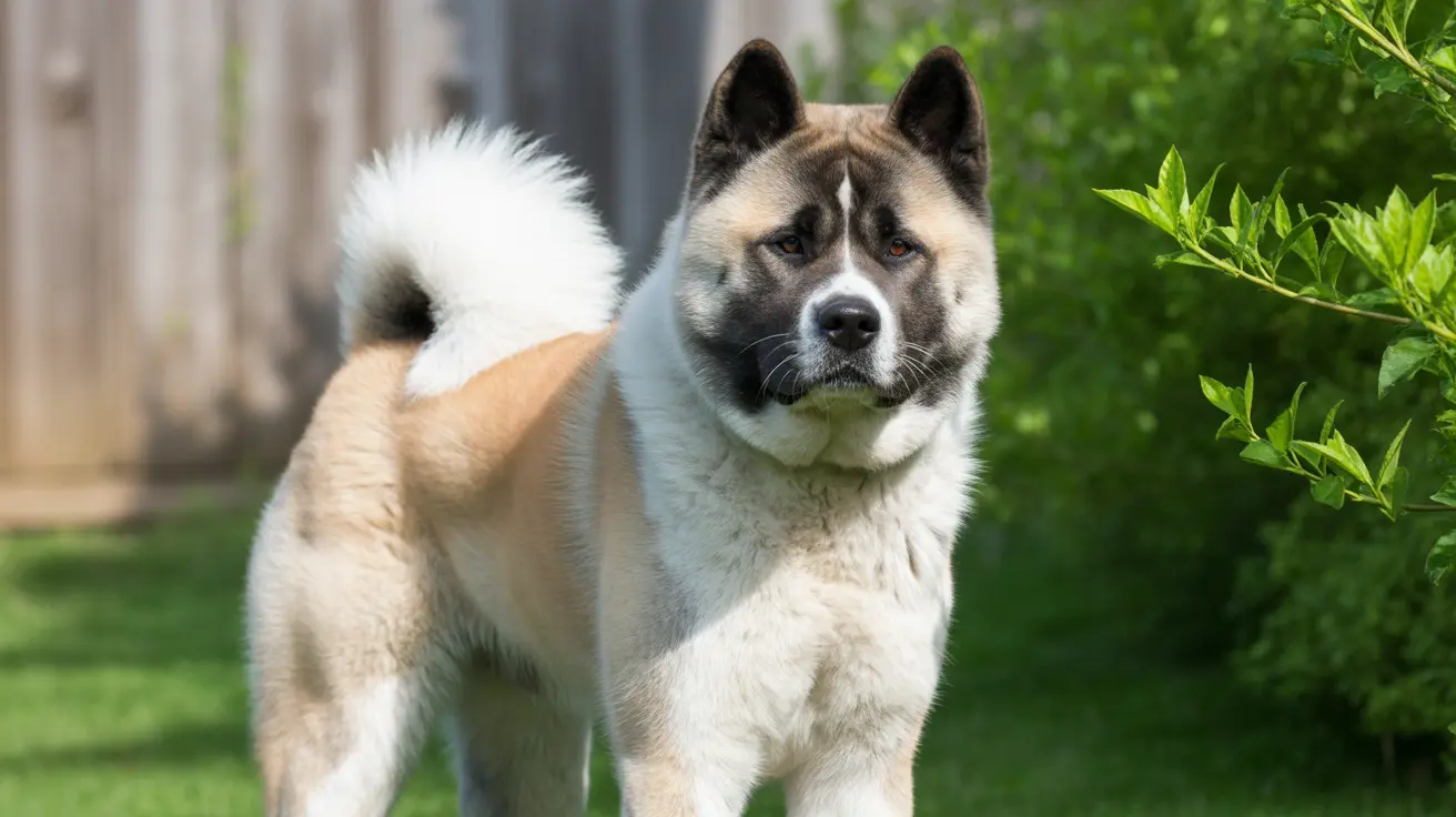 Un majestuoso Akita de pie con confianza en un patio trasero, con la cola rizada y postura alerta.