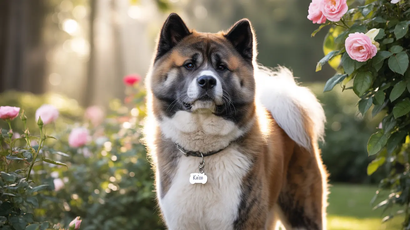 Un majestuoso perro Akita de pie en un jardín iluminado por el sol con rosas rosas de fondo.