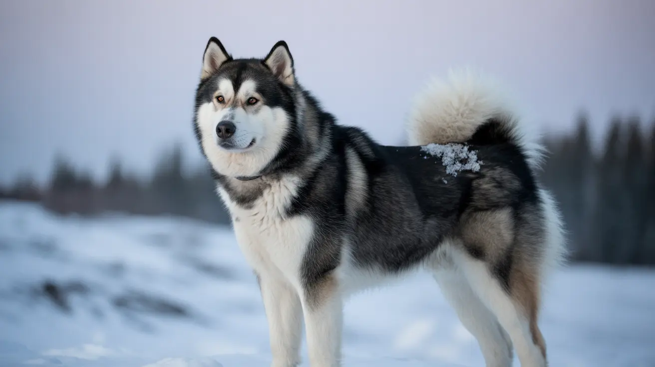 A majestic Alaskan Malamute standing confidently in a snowy winter landscape