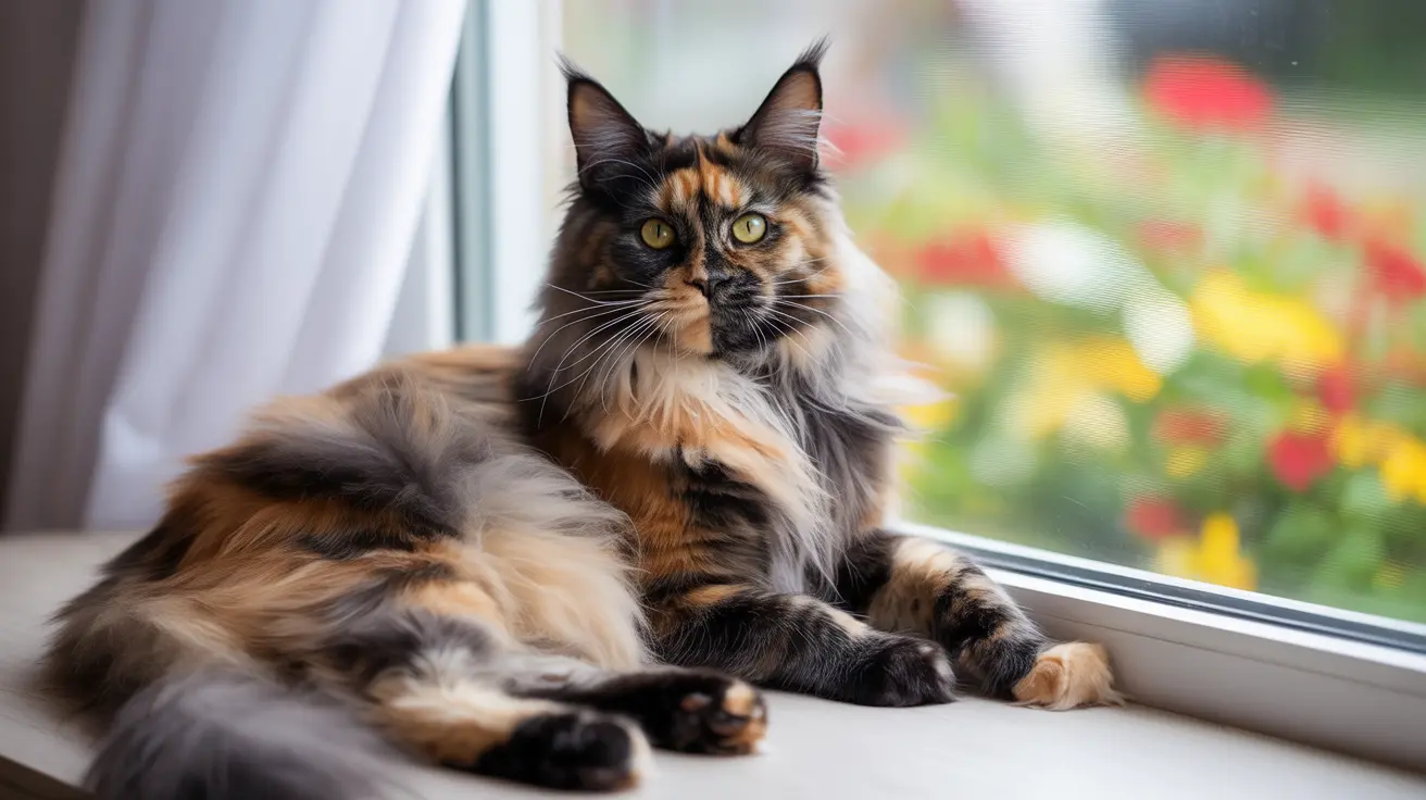 Majestic calico Maine Coon cat lounging gracefully by a window with colorful flowers in the background