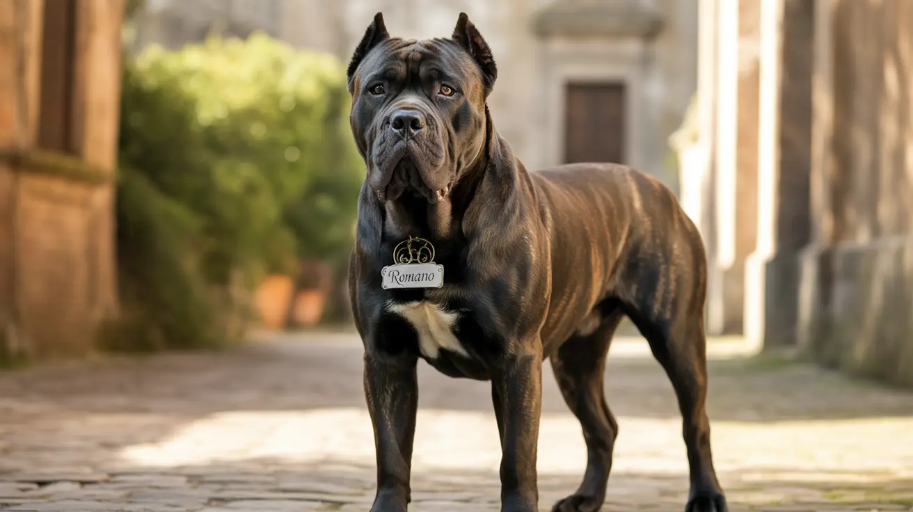 A majestic Cane Corso standing confidently on a stone pathway, wearing a name tag that reads 'Romano'.