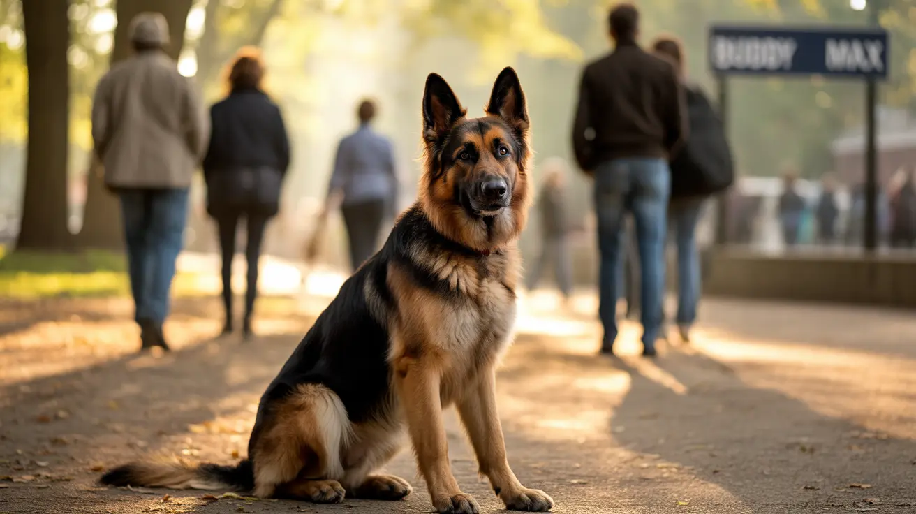 A majestic German Shepherd sitting attentively on a sunlit urban pathway with people walking in the background.