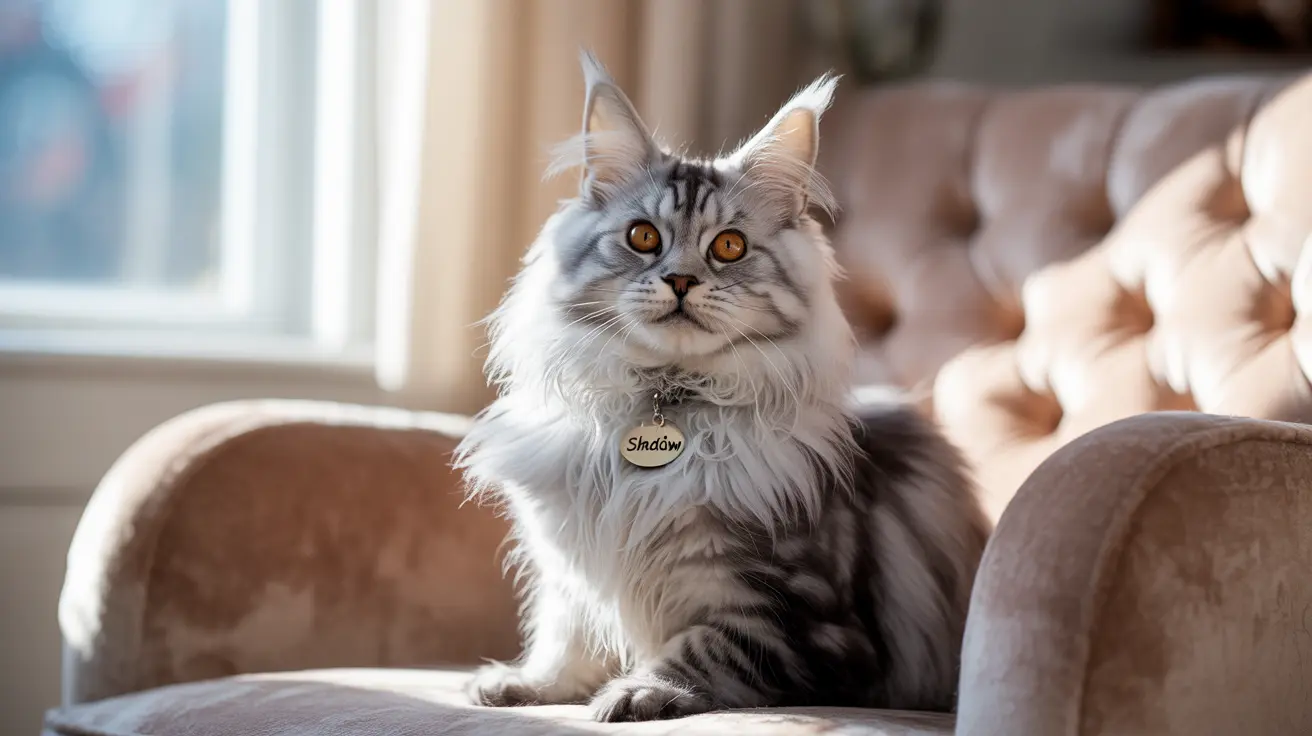 A majestic long-haired cat with striking amber eyes sitting on a plush armchair near a window