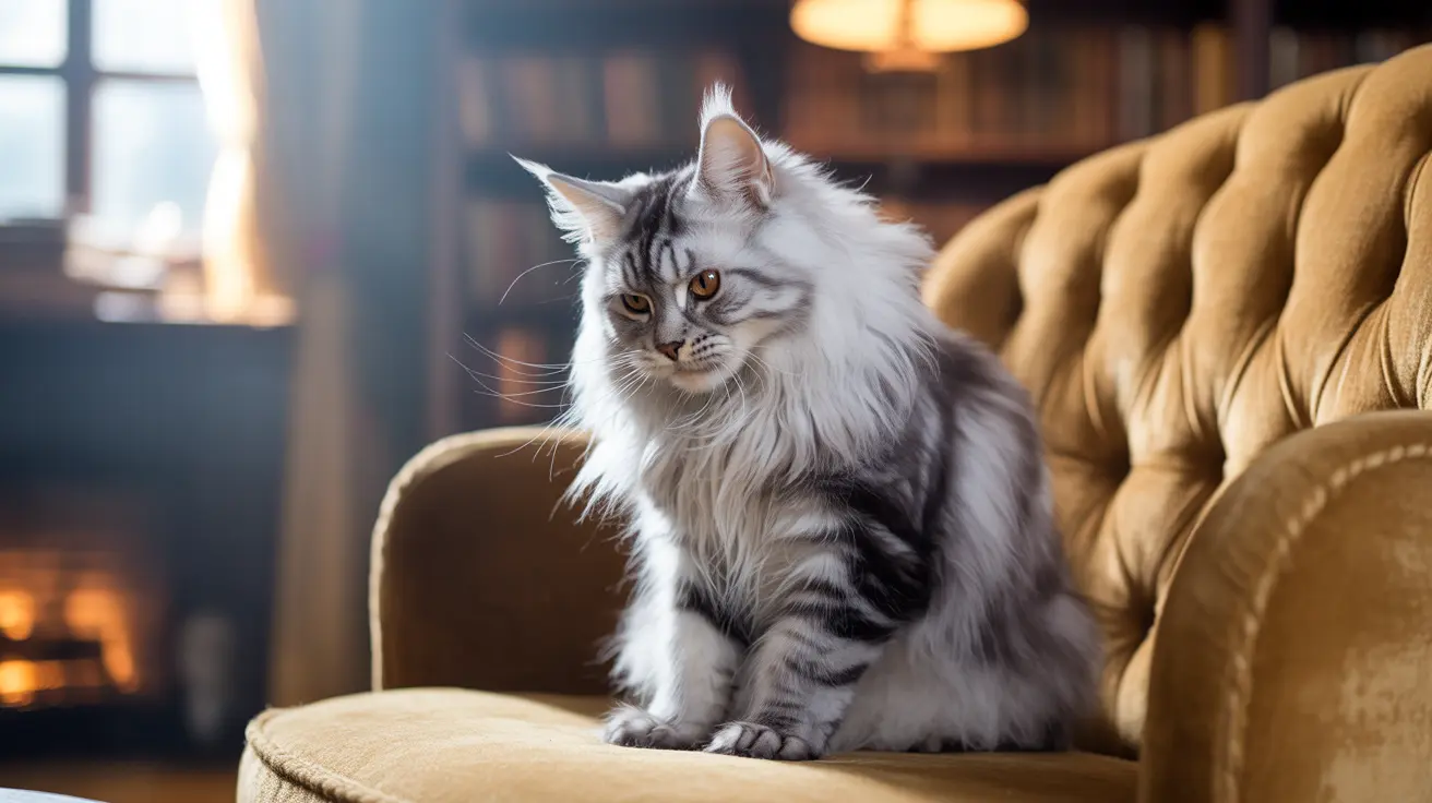 A majestic Maine Coon cat sitting regally on a golden-colored armchair near a fireplace.