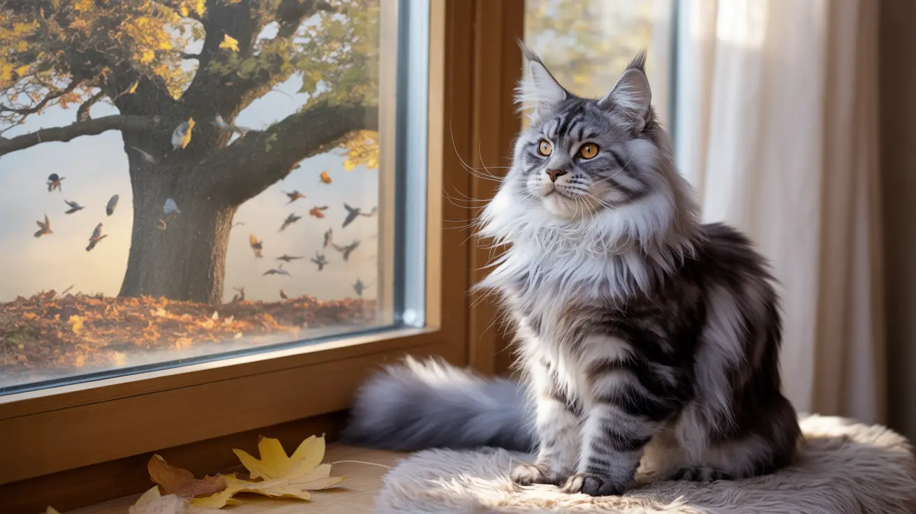 Majestic Maine Coon cat sitting by a window on an autumn day with falling leaves and birds outside