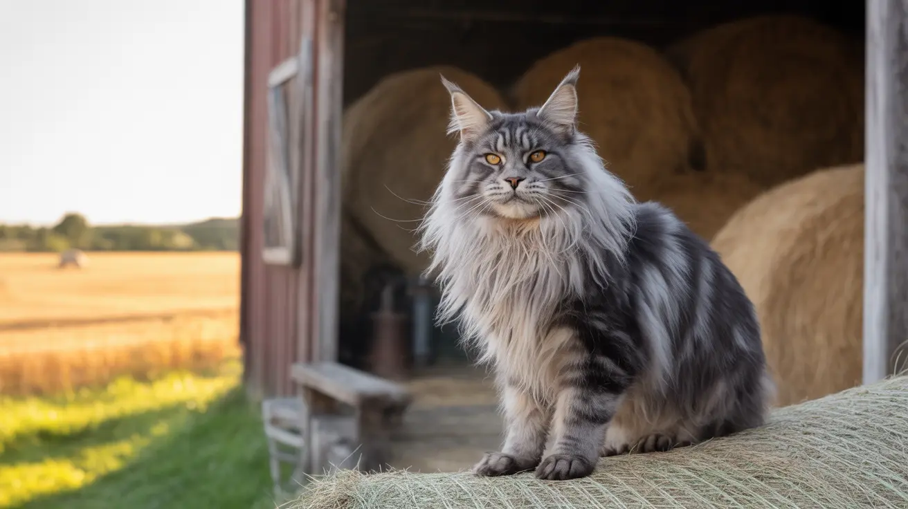 A majestic Maine Coon cat sitting confidently on a hay bale in a barn doorway