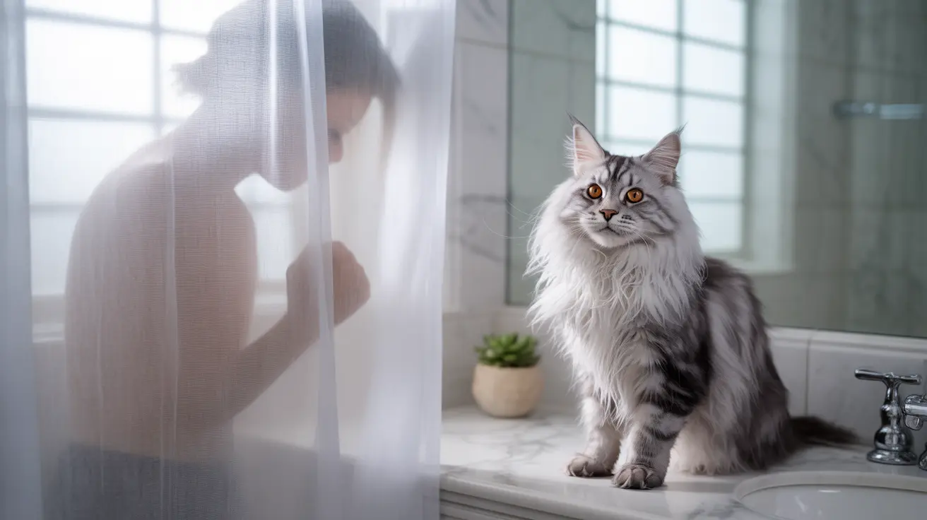 A majestic Maine Coon cat sitting confidently on a bathroom countertop with a silhouetted figure behind a sheer curtain