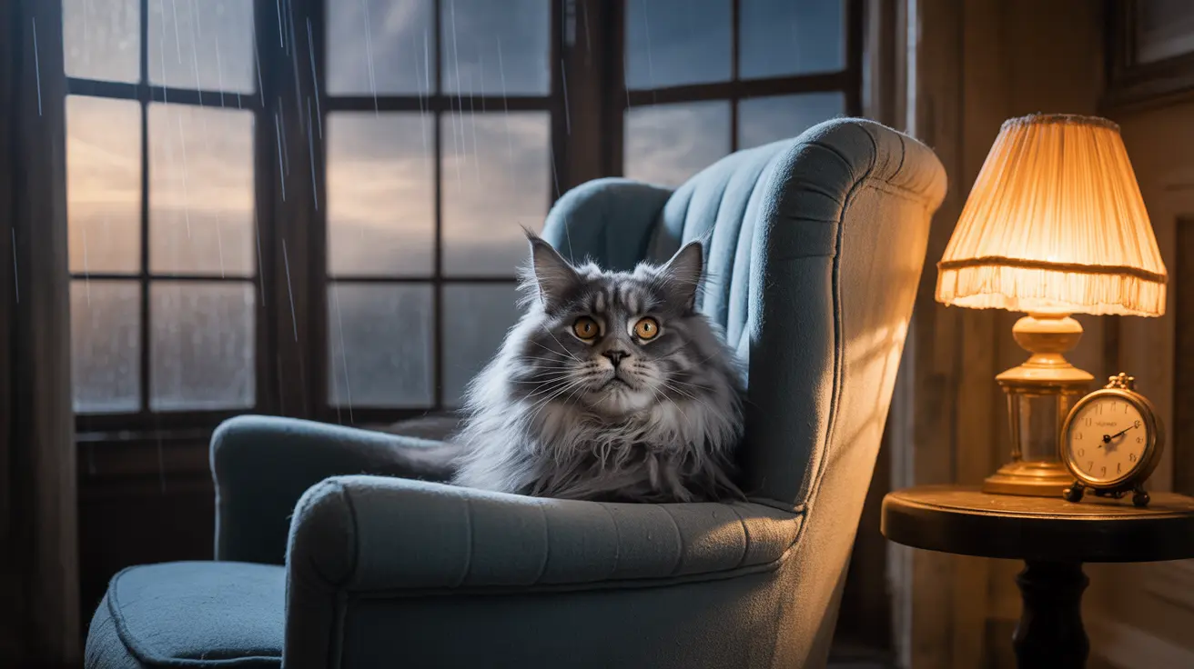 Majestic Maine Coon cat sitting regally on a blue armchair near a window with a vintage lamp and clock nearby