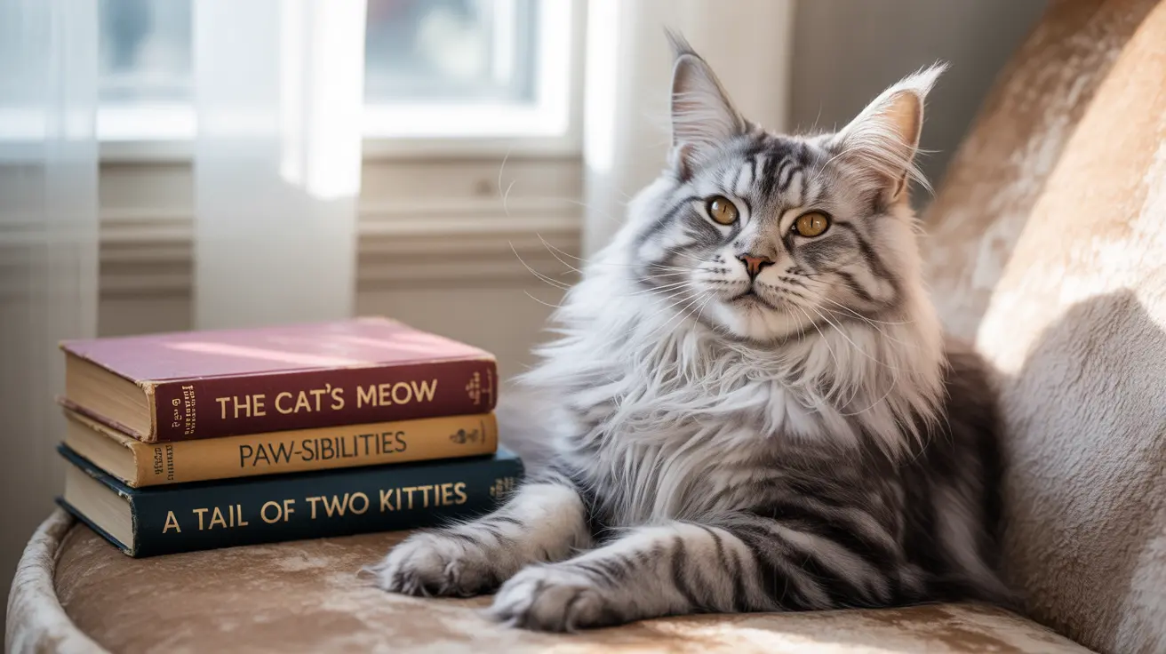 A majestic Maine Coon cat sitting next to a stack of cat-themed books near a bright window