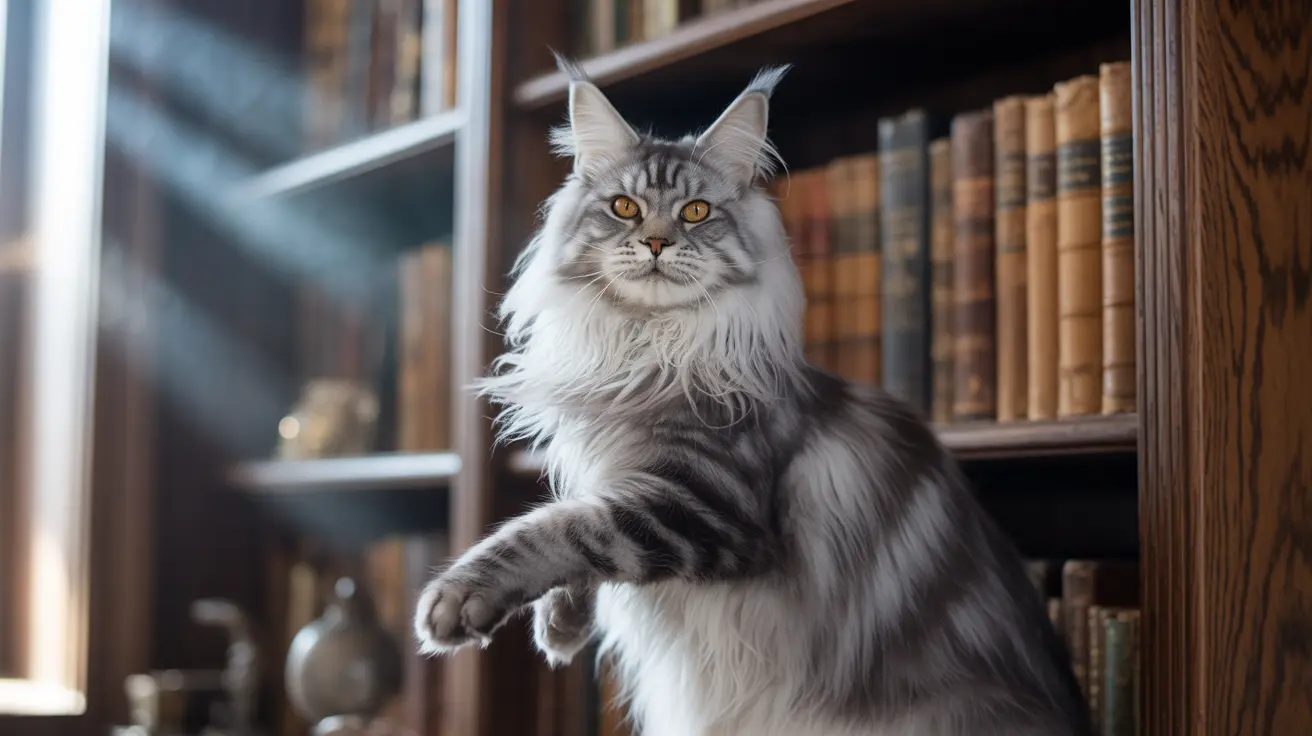 A majestic Maine Coon cat sitting regally in front of a bookshelf with an alert and dignified posture