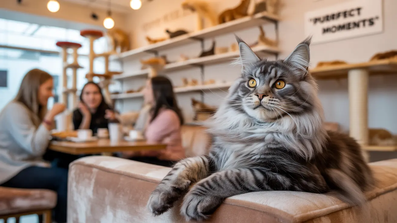 A large Maine Coon cat lounging on a beige couch in a cat cafe with people in the background