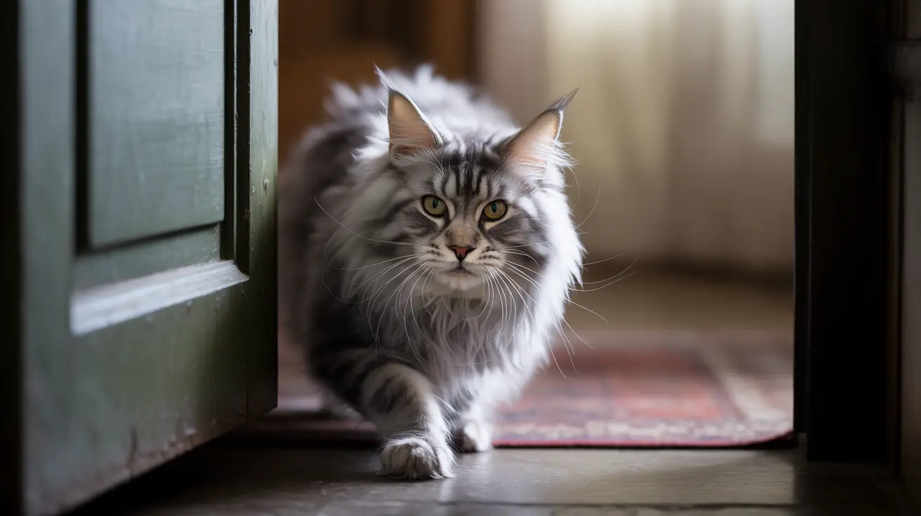 Majestic Maine Coon cat sitting near a doorway with a soft, blurred background