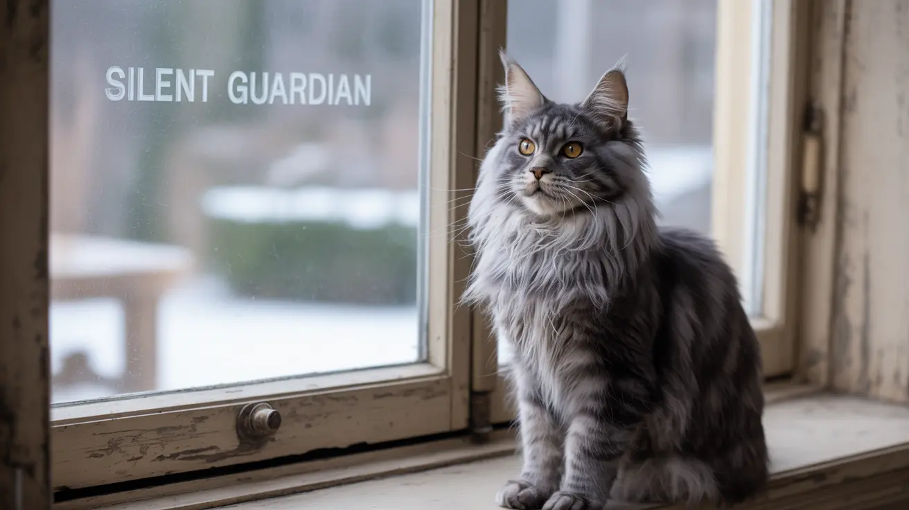 A majestic Maine Coon cat sitting alertly by a window on a snowy day