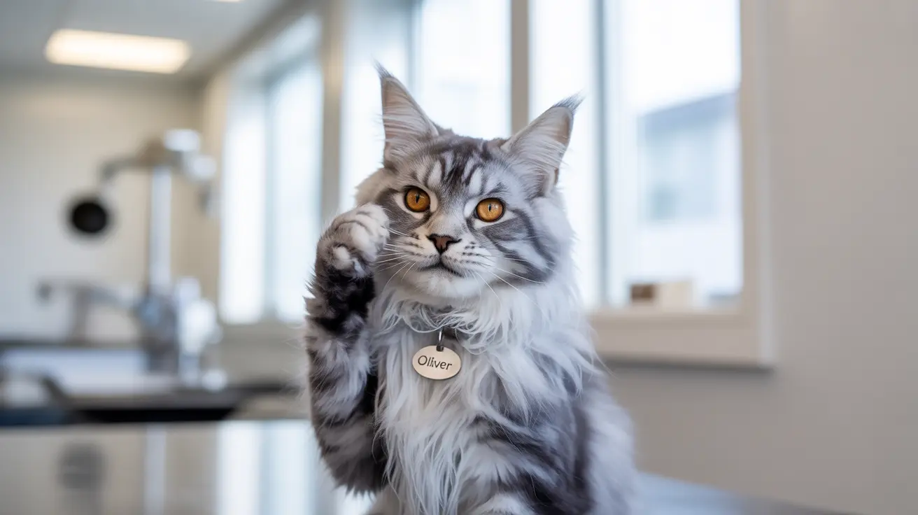 A majestic Maine Coon cat with striking silver and white fur and golden eyes sitting in a modern interior space