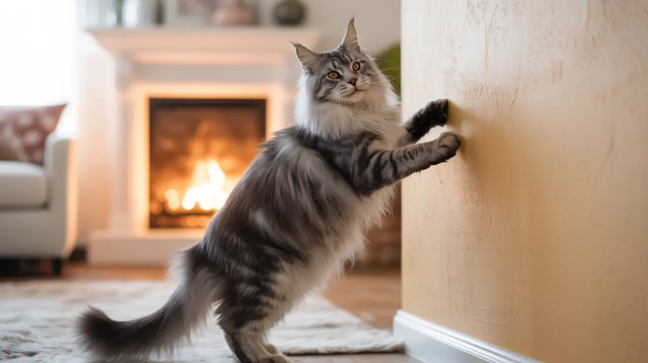 Majestic Maine Coon cat standing on hind legs against a wall near a warm fireplace