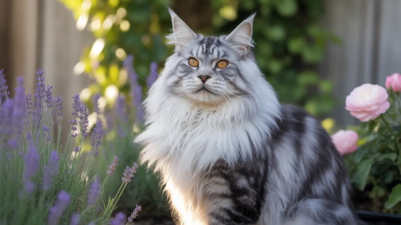 A majestic Maine Coon cat sitting regally among lavender and pink flowers in a garden setting.