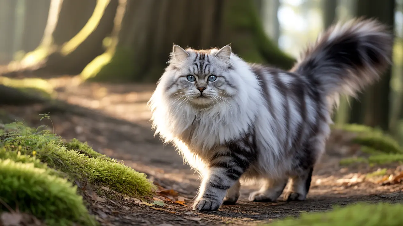 A majestic Maine Coon cat standing on a moss-covered forest floor with sunlight filtering through trees