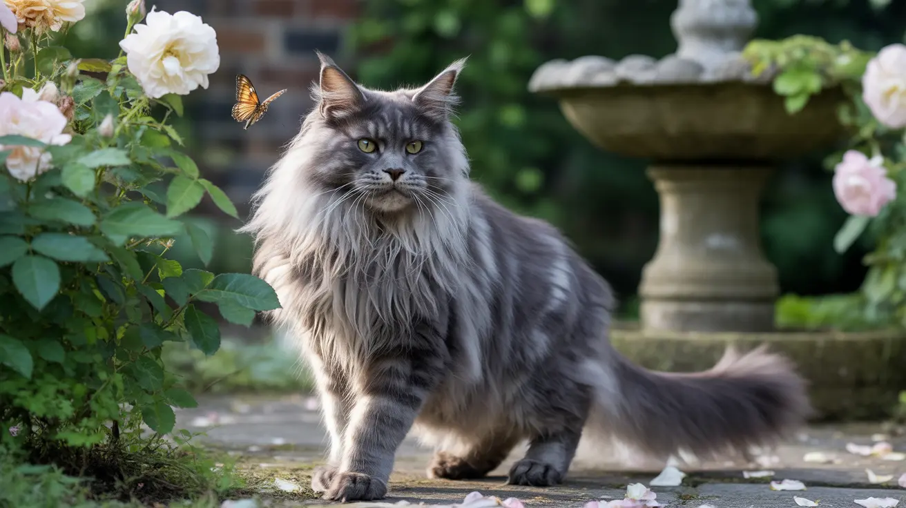 A majestic Maine Coon cat sitting in a garden with a butterfly nearby