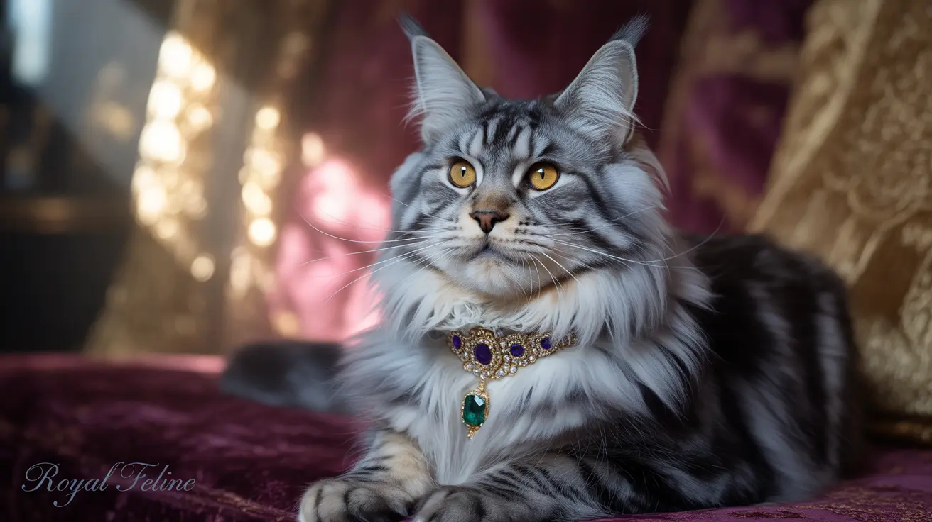 Majestic Maine Coon cat wearing an ornate gold and gemstone necklace, sitting regally on a burgundy surface