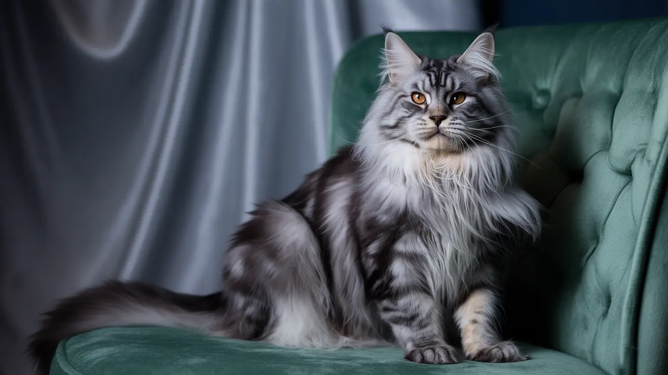 A majestic Maine Coon cat with silver and white fur sitting regally on a green velvet chair