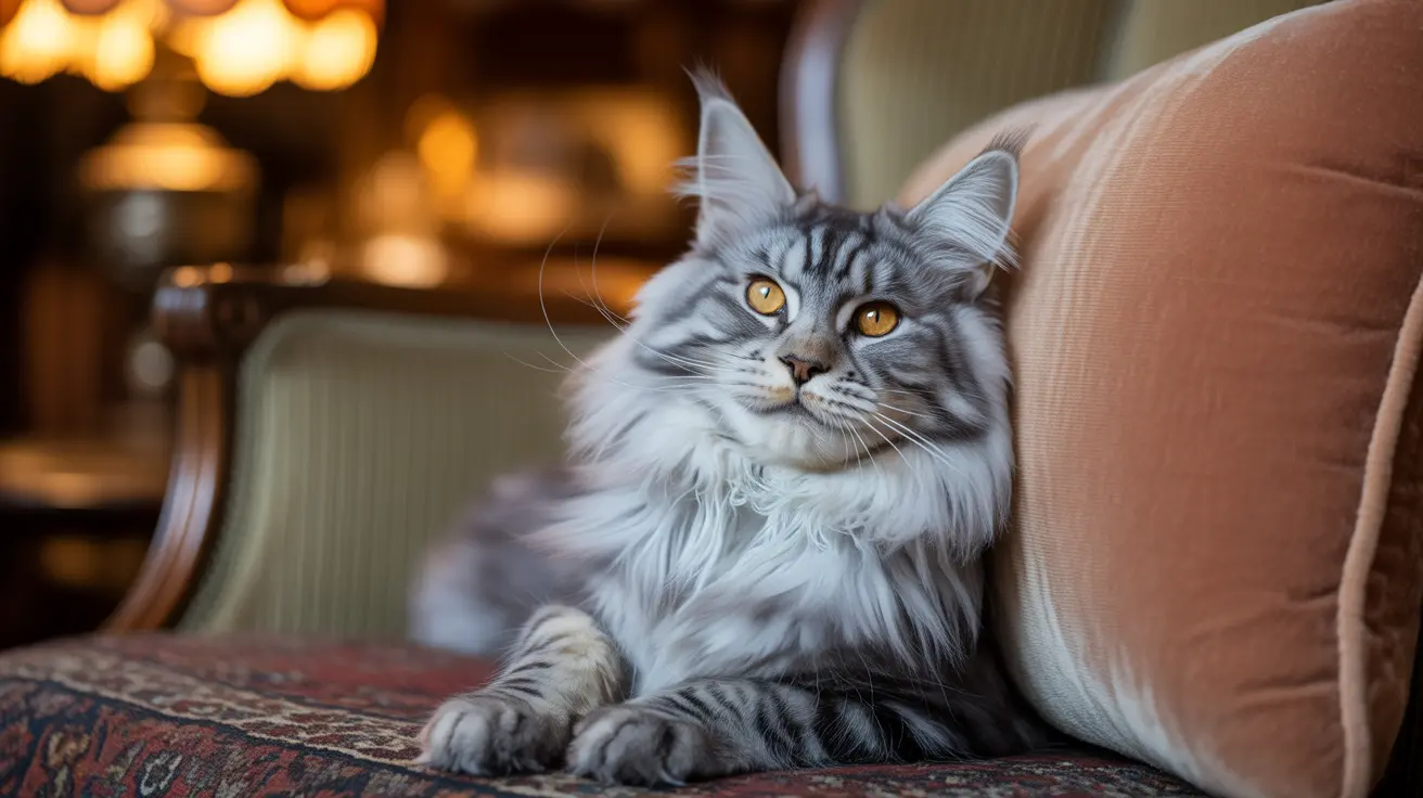 A majestic silver and white Maine Coon cat on an ornate rug with a warm background