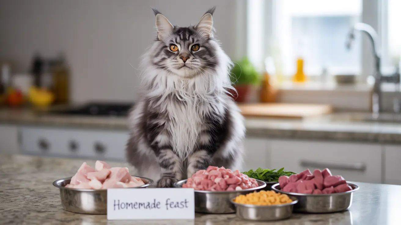 A majestic Maine Coon cat sitting regally on a kitchen counter with multiple bowls of fresh, raw ingredients for a homemade meal