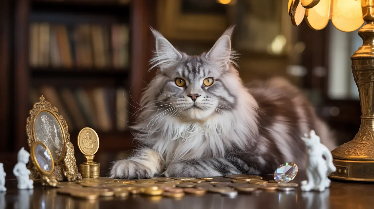 Majestic Maine Coon cat sitting elegantly among golden coins and decorative objects in a classic library setting