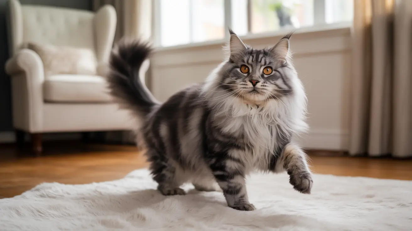 A majestic Maine Coon cat standing alertly on a white fur rug in a bright, cozy living room
