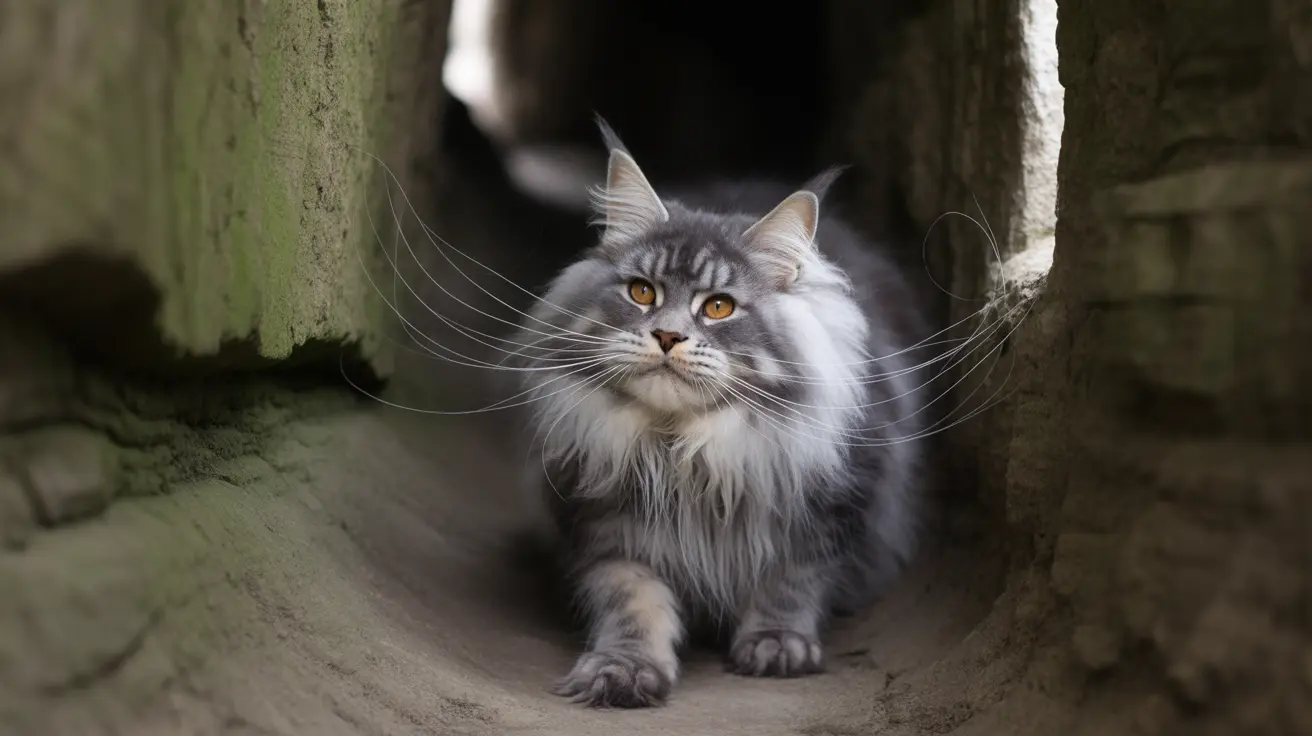A majestic Maine Coon cat with long gray and white fur in a shadowy stone space