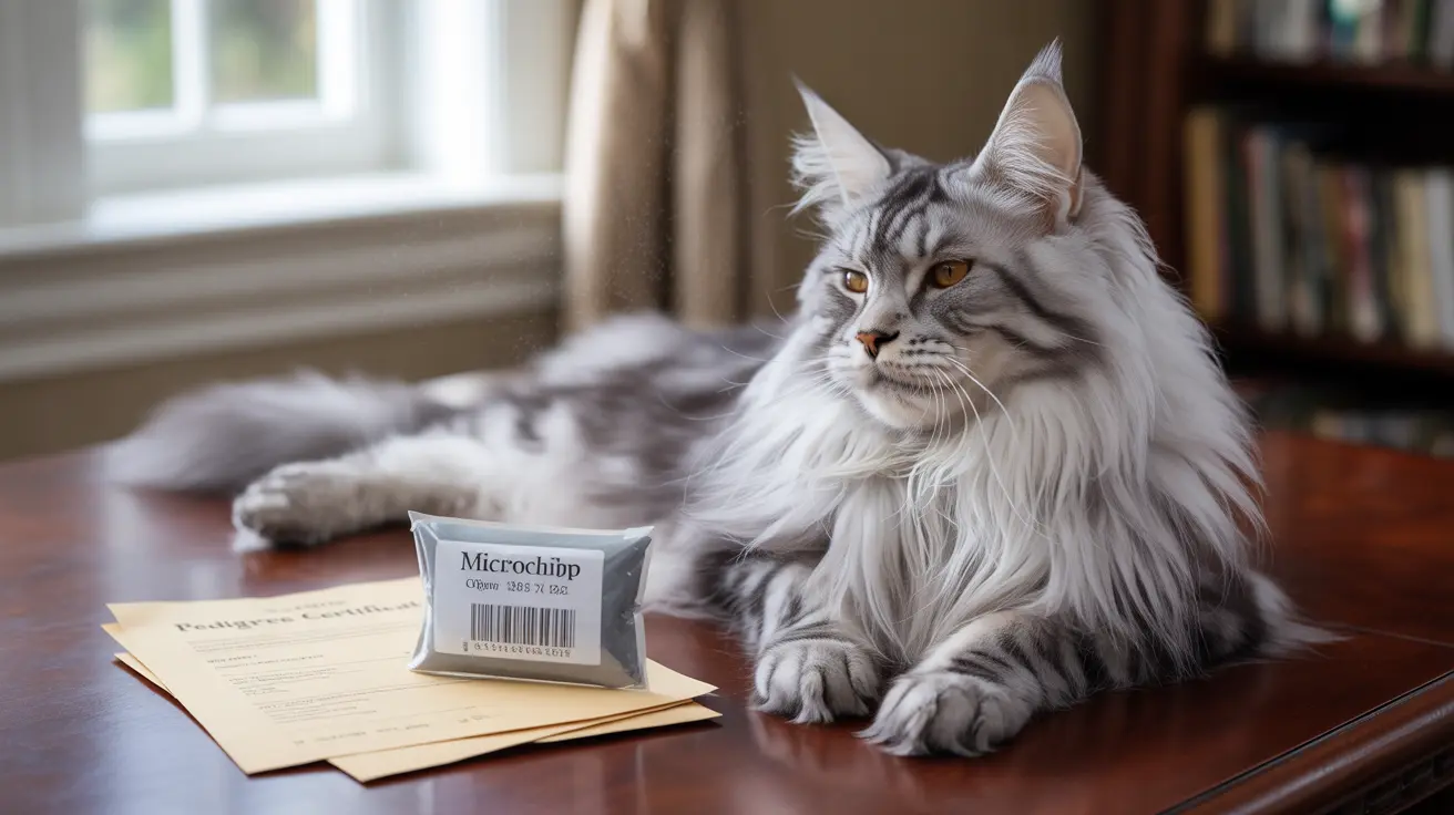 A majestic Maine Coon cat with long white and gray fur resting on a wooden table near a microchip packet and papers.