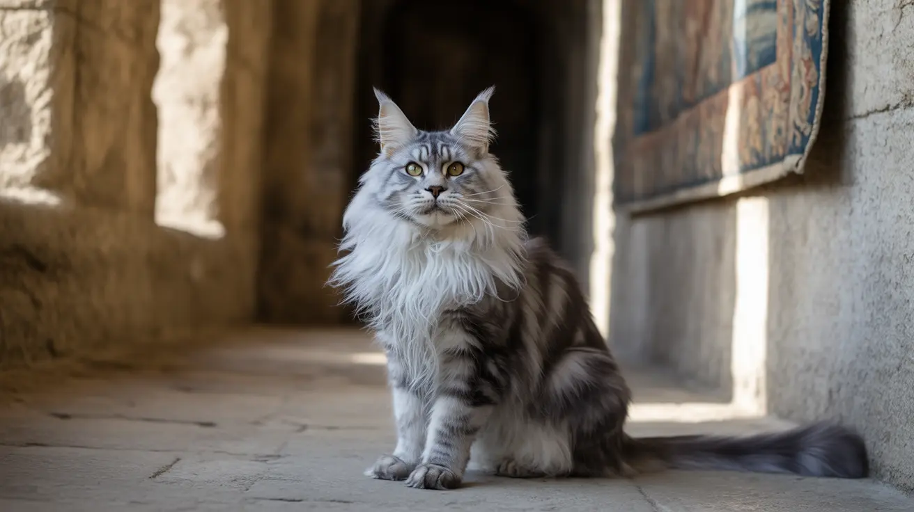堂々としたメインクーンの猫が、日差しが差し込む石造りの室内で高貴に座っている様子