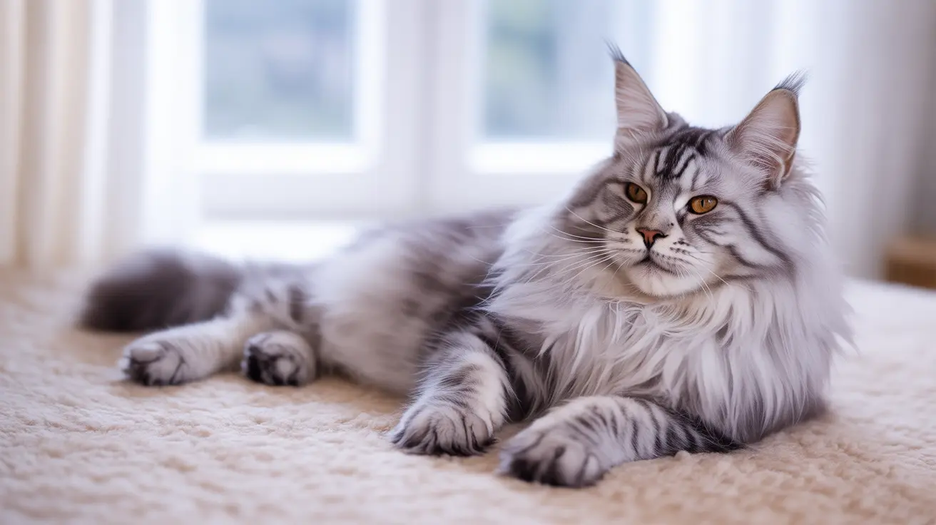 明るい窓のそばの柔らかいカーペットの上で優雅にくつろいでいる威厳あるメインクーンの猫